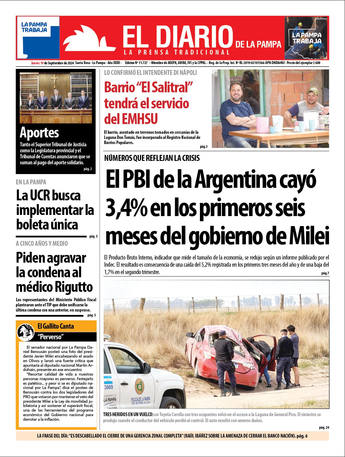 Tapa de El Diario en papel  jueves 19 de septiembre de 2024